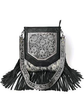Hand-Carved Fringed Shoulder Bag | Natural Cowhide with Floral Tooling Design